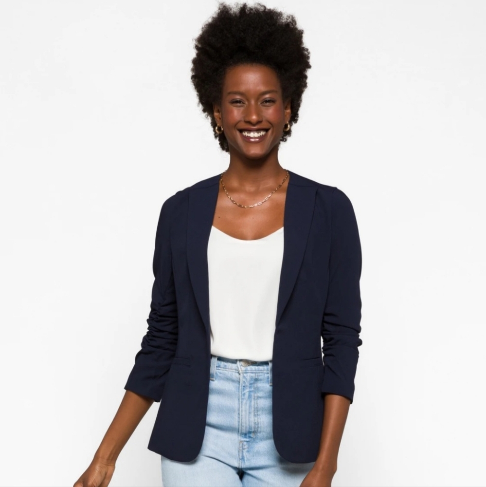 NWT Skies Are Blue Navy Collarless Rouched Sleeve Blazer
